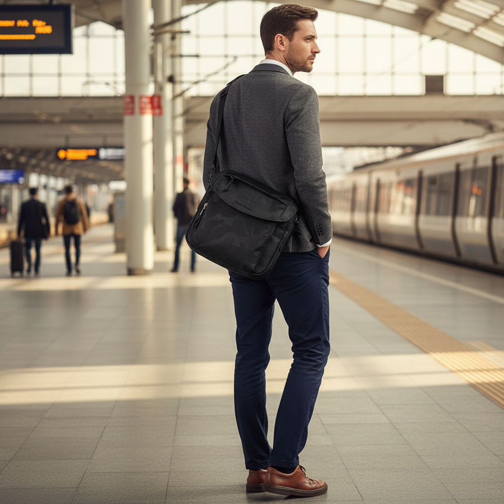 Smart Camo black messenger bag worn crossbody, diagonal rear angle, train station